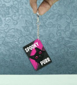 Pink Eyed Halloween Cat with Spooky Purr Printed Keychain Pack of 2