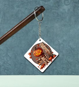 Creepy Jack-O'-Lantern Mummy Amid Autumn Pumpkins Printed Keychain Pack of 2