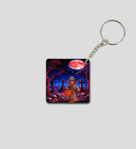 Red Moon Graveyard Scene with Ghostly Pumpkin Carrier Printed Keychain Pack of 2
