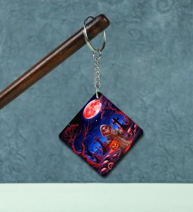 Red Moon Graveyard Scene with Ghostly Pumpkin Carrier Printed Keychain Pack of 2